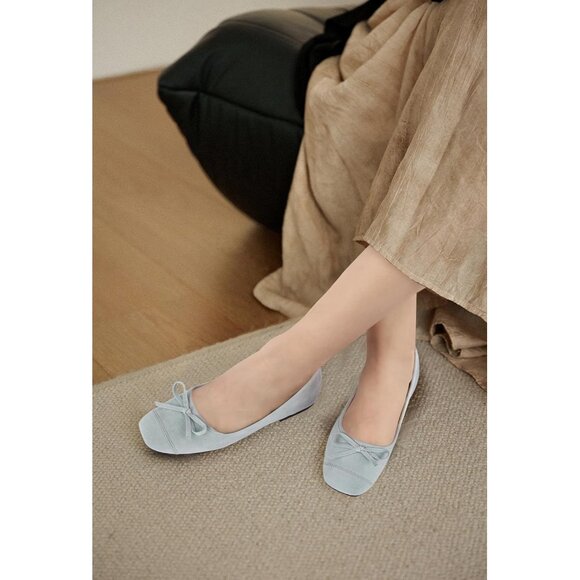 Women's Light Blue Faux Suede Square Toe Slip On Cap Toe Bow Dressy Flat Shoes - Picture 2 of 7